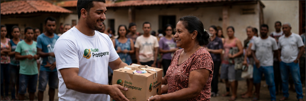 Voluntário entregando uma cesta básica para uma família